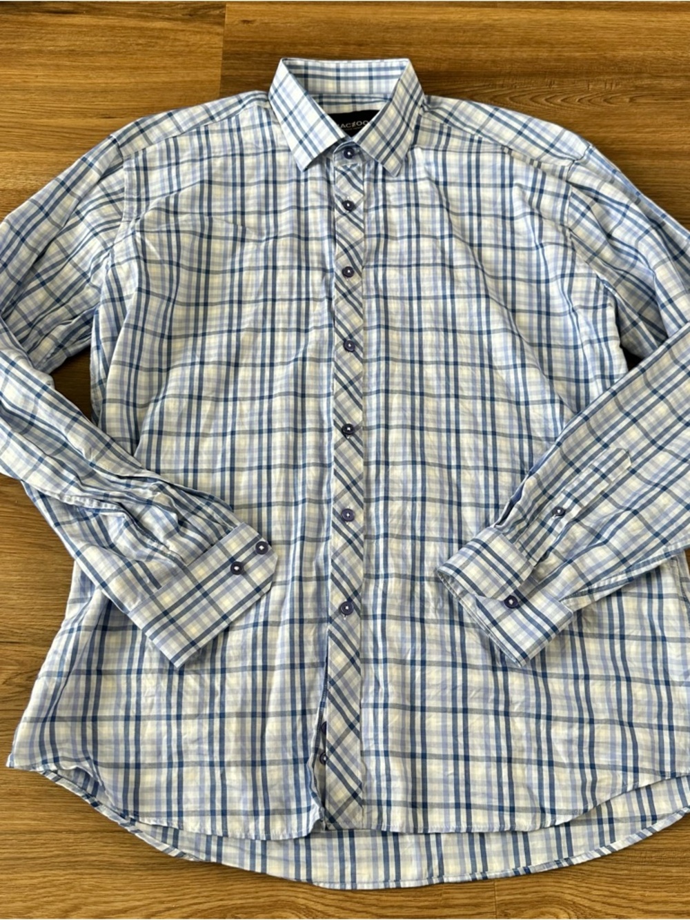 Maceoo Shirt Button Down Long Sleeve Blue Plaid Italian Mens 5 XL Preppy Office